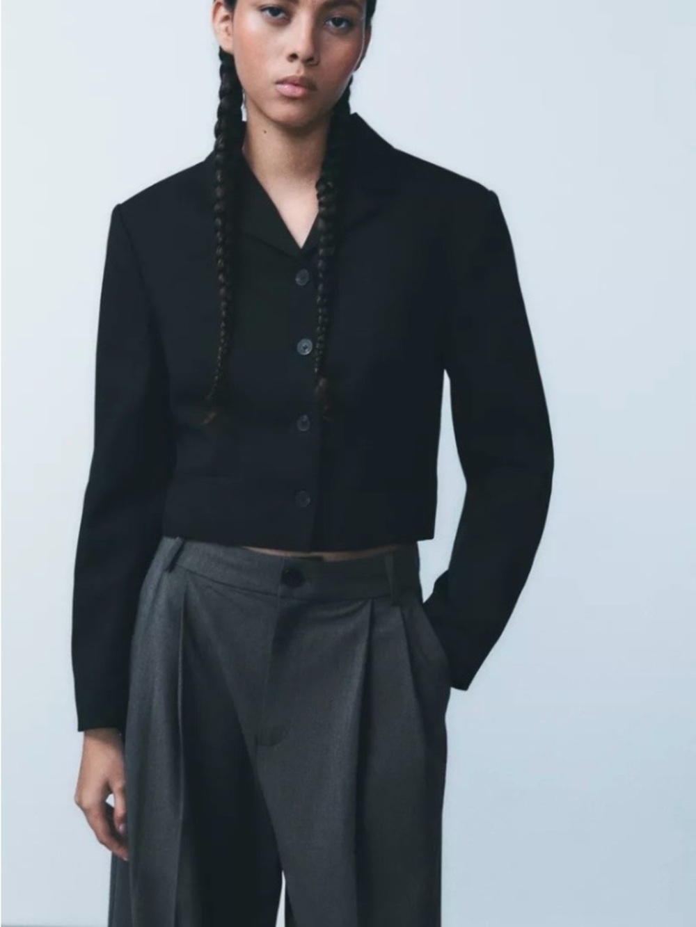 Black Cropped Button-Front Jacket - Women